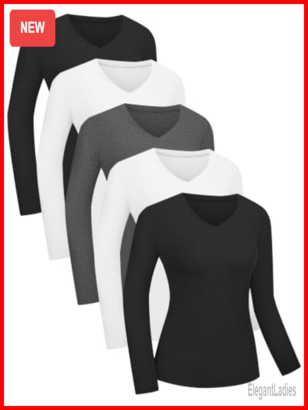 Womens Long Sleeve V Neck Slim Fitted Basic T-Shirt Stretch Layering Top